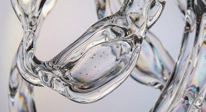Abstract 3D rendering of flowing iridescent liquid glass with microscopic bubbles and golden particles, futuristic sensory texture background