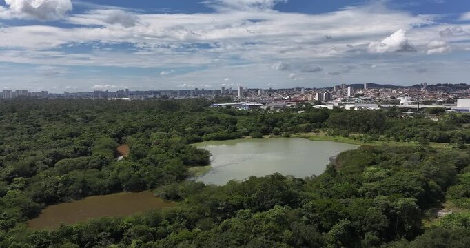4K drone view of Leon Feffer Park in Mogi das Cruzes, Brazil, showing forest, lake and urban surroundings under blue sky and clouds.
