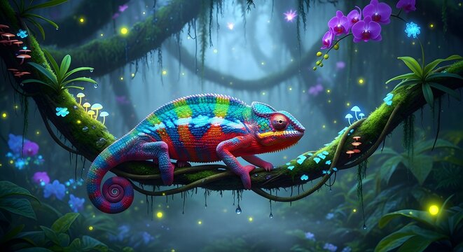 Vibrant Rainbow Chameleon Perched on a Luminous Vine in an Enchanted Bioluminescent Jungle Wonderland Illustration