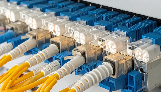 A close-up of a network patch panel with fiber optic cables