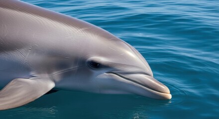Fototapeta premium Close-up portrait of a sleek gray dolphin swimming gracefully in the blue ocean water