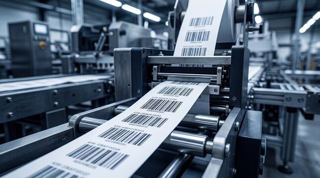 A machine in a factory prints barcode labels on a roll of paper