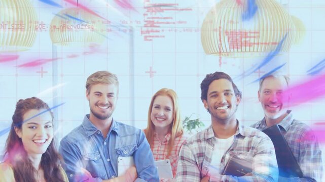 Diverse team with coding skills unites in a tech-driven office environment.
