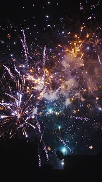 Colorful fireworks explosion at night in slow motion