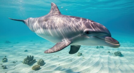 Fototapeta premium Curious Bottlenose Dolphin Glides Gracefully Through Sunlit Tropical Ocean Waters Near Coral Reef