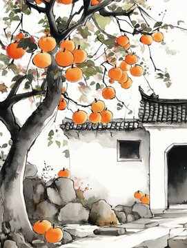 Watercolor painting of persimmon tree and house