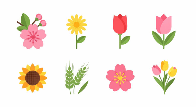 Set of eight flat vector flower illustrations featuring pink sakura blossoms, yellow sunflower, daisy, red and pink tulips, and green wheat stalks on a white background.