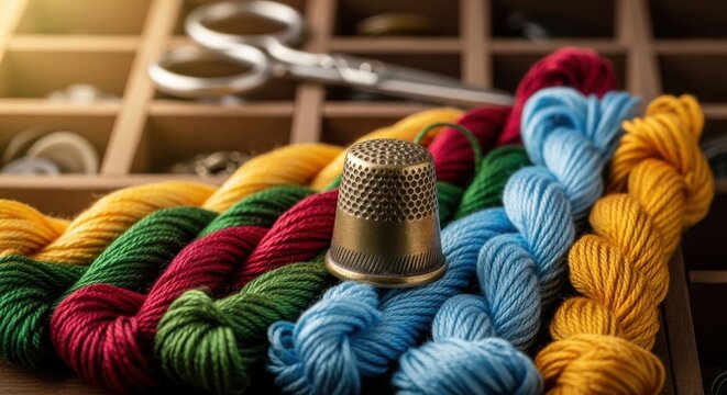 Antique brass thimble resting on colorful embroidery threads, with vintage scissors nearby