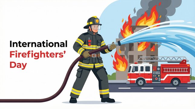 International Firefighters&rsquo; Day concept with firefighter extinguishing building fire, emergency response, rescue service, fire truck and safety awareness, hero profession illustration