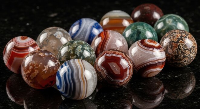 Array of Smooth, Polished Agate Spheres Displaying Striking Natural Patterns