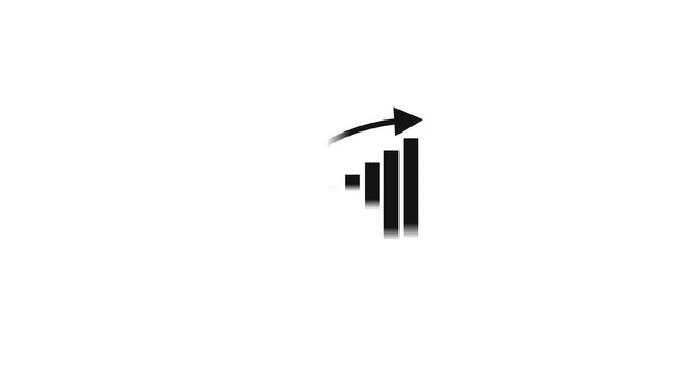 Minimalist business growth icon animation, black bar chart with rising arrow on white background, financial success and data analytics concept