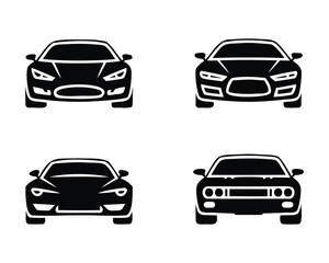 Obraz premium Sports Car Front View Silhouette Vector Set, Black Car Icons Illustration