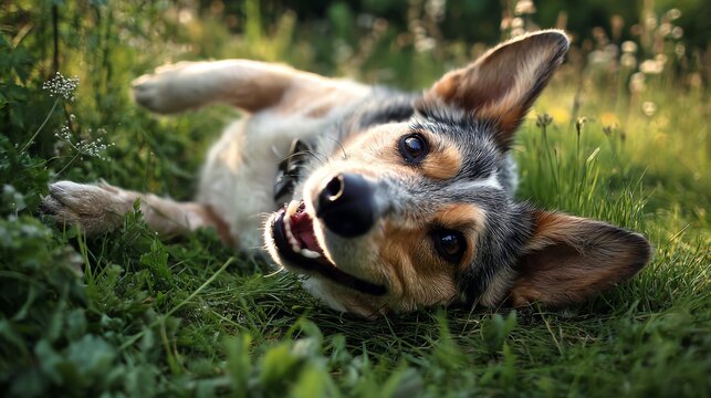 A joyful dog rolls playfully in the lush green grass, capturing the essence of happiness and freedom in nature. Its playful demeanor invites smiles and warmth from onlookers.