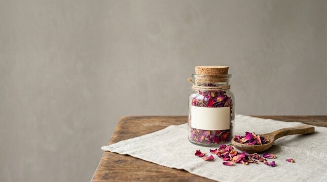 A glass jar of Dried rose petals and a wooden spoon on a table, a visual for natural cosmetics and aromatherapy blogs.
