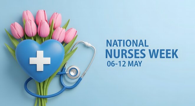 A blue heart with a white cross and pink tulips next to a stethoscope on a light blue background celebrating National Nurses Week from May 6-12.