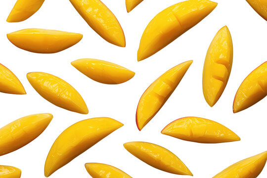 Ripe yellow mango slices falling, healthy tropical fruit pieces creating a vibrant pattern on transparent background