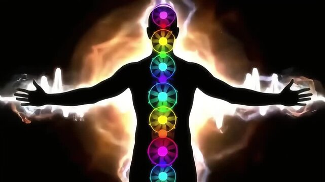 Human body with colorful chakras and energetic aura