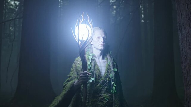 A woman holds a glowing torch in a dark forest surrounded by trees.