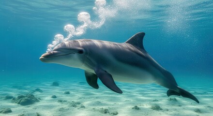 Fototapeta premium A curious dolphin gracefully swims through a curtain of rising bubbles in the clear blue ocean.