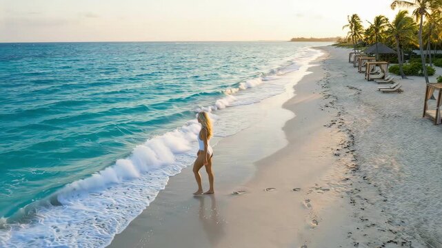 Aerial tracking shot of woman walking on shoreline at golden sunset