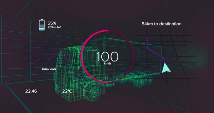 Animation of changing numbers in circle, battery icon, arrow on map pattern over 3d model of truck