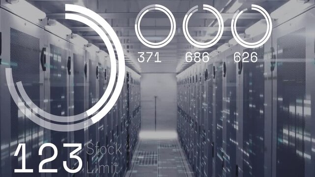Animation of changing numbers and loading circles, stock limit text against server room