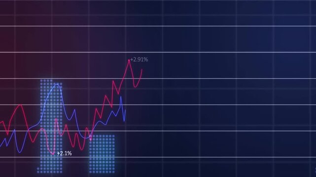 Animation of changing numbers with graphs and grid pattern over black background