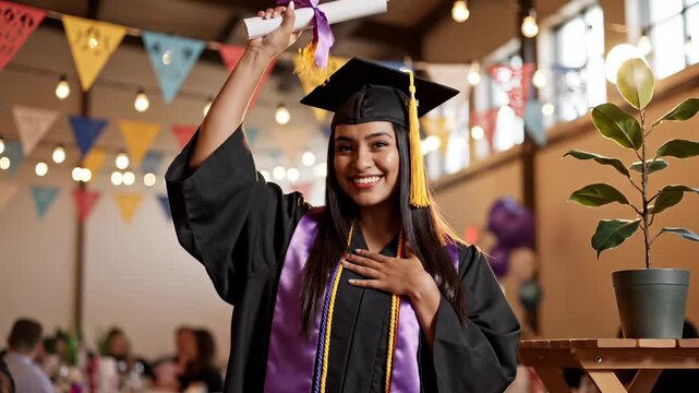 Happy woman graduate celebrates with diploma. Female graduate raises diploma high. Happy student smiles wearing graduation cap. Woman shows emotion with diploma. Graduate celebrates success.