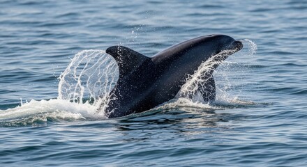 Fototapeta premium A powerful dolphin breaches the ocean surface with a dramatic splash, showcasing its marine majesty and aquatic grace.