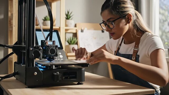 Woman removes 3D printed object from printer at modern workspace. Designer takes print from 3D printer. Woman working with printer in workshop. 3D printing object removal at creative workspace.