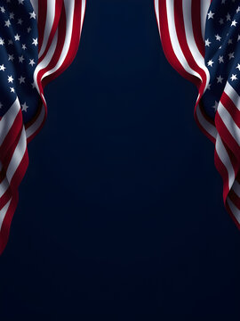 American flags styled as elegant side curtains framing a dark blue central space, soft studio lighting, high quality realistic patriotic background design