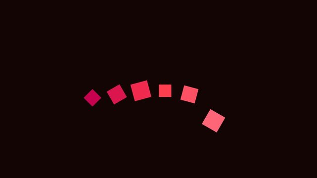 Minimalist geometric motion graphics, red square particles forming an arc, abstract digital animation on black background