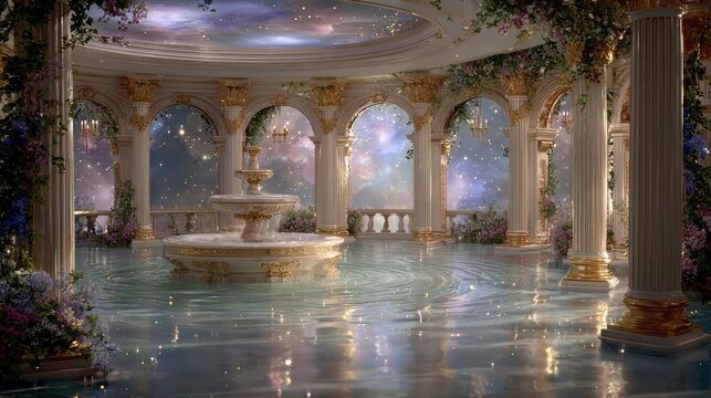 Space universe exploration, fantasy. A grand, opulent interior space, resembling a palace or gazebo, is bathed in a soft, ethereal light. The main subject is a majestic, ornate fountain in the center.