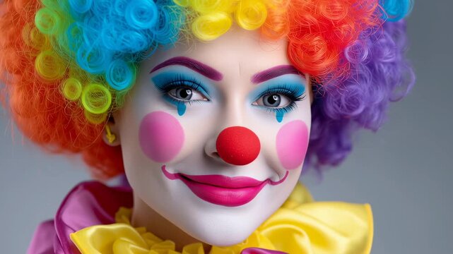 Bright colorful clown portrait with rainbow wig and playful makeup representing fun entertainment and cheerful artistic expression