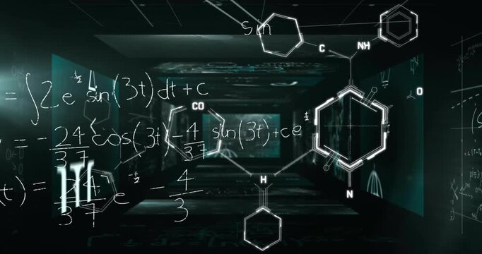 Animation of chemical formula over mathematical equations and figures