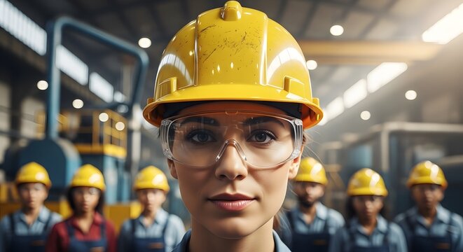 A determined female industrial worker looking at the camera with her team in the background. Concept of teamwork, production line management, and gender diversity in the workplace