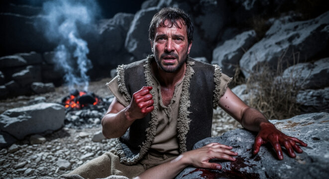 Distressed ancient man with bloody hands after a murder. Biblical concept of Cain and Abel. Dark rocky landscape with campfire at night