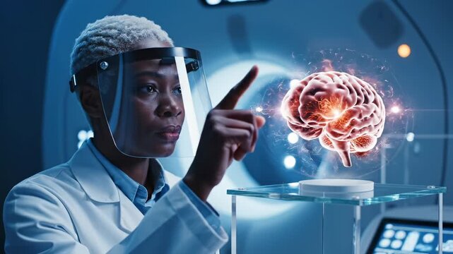 Scientist examines holographic brain with AR visor in laboratory. Doctor studies brain scan using future technology. Scientist analyzes neural hologram. Medical research with brain visualization.
