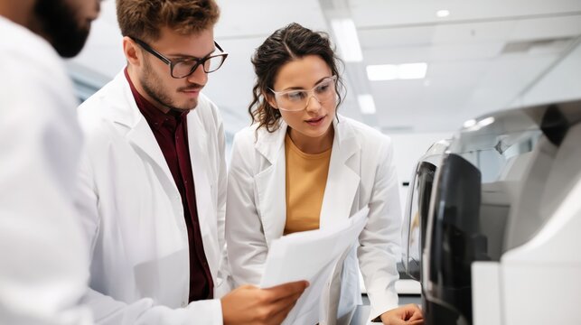 Team of scientists reviewing documents beside laboratory analyzer in a modern medical lab.