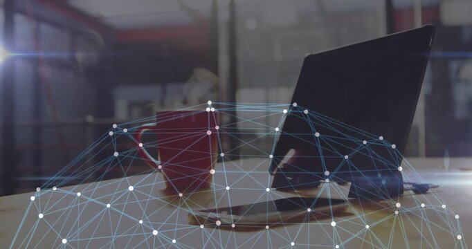 Data connectivity nodes streaming across office desk, showing red coffee mug, tablet in 3D render