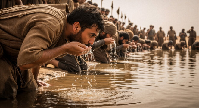 Gideon's army drinking water at a stream. Biblical test of the three hundred men in the desert. Ancient warriors kneeling to drink from cupped hands. Historical religious scene