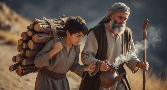 Biblical scene of Abraham and Isaac walking to Mount Moriah. Young boy carrying firewood for sacrifice with his father. Ancient religious narrative of faith and obedience. Father and son journey