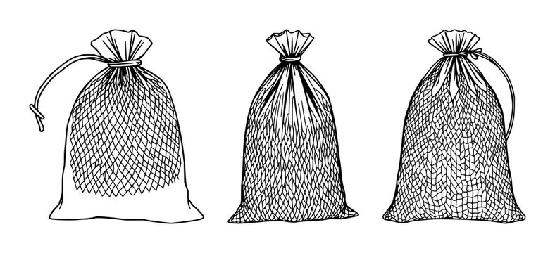 Reusable mesh string bag set with black line art on white background featuring mesh bag, string bag, reusable with eco-friendly and compact