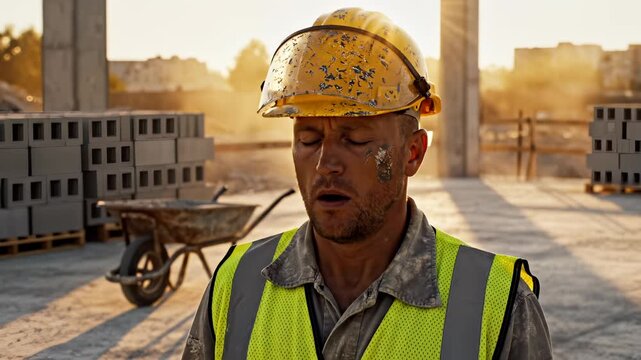 Tired construction worker rests at sunset. Exhausted man in helmet closes eyes. Worker feels fatigue after labor. Construction worker breathing deeply. Tired man stands on site. Exhausted face.