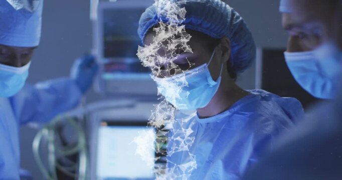 Lead surgeon leaning over OR table with network materializing among surgeons adjusting instruments