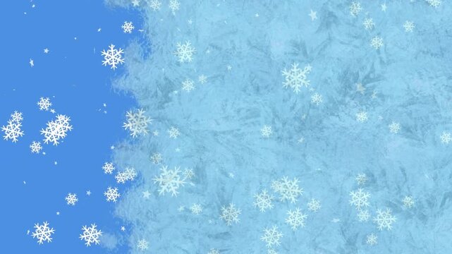 Snowflake icons drifting across backdrop initiating frost expansion from right edge, filling frame
