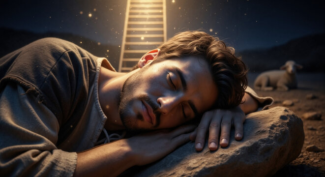 Jacob dreaming of a heavenly ladder to heaven. Biblical man sleeping on a rock pillow in the desert at night. Spiritual vision and divine revelation concept
