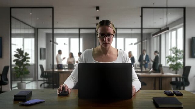Committed Woman Professional Assesses Data Thoroughly While Seated In Sleek Modern Workspace Environment