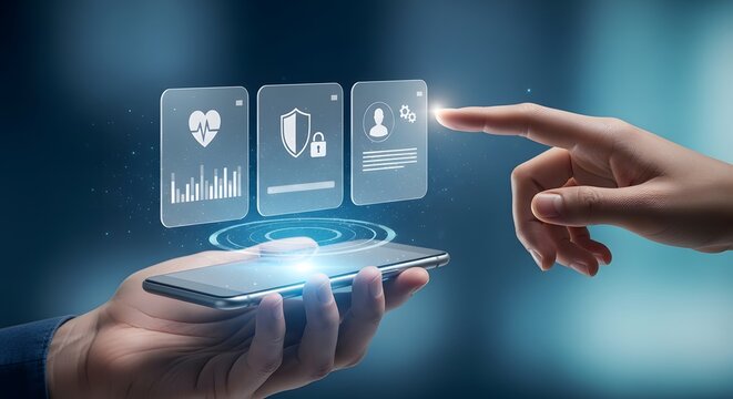 User interacting with a medical app on a smartphone. Futuristic interface showing health checkups, medicine reminders, and clinical icons. Concept of digital health and smart medical care