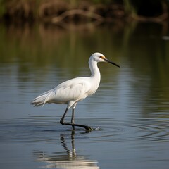 Obraz premium Elegant white bird wading in shallow water, nature scene.